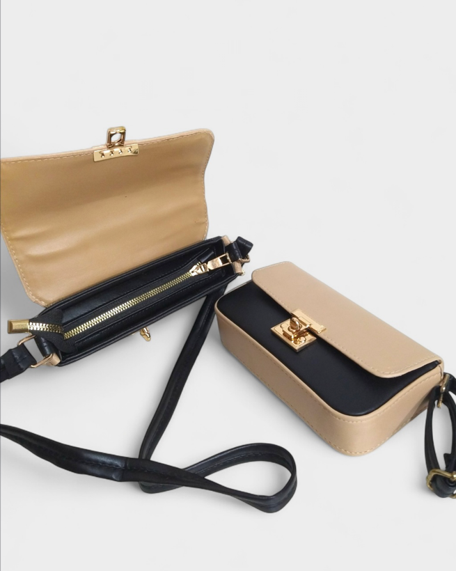 کیف دستی زنانه کرم مشکی چرم